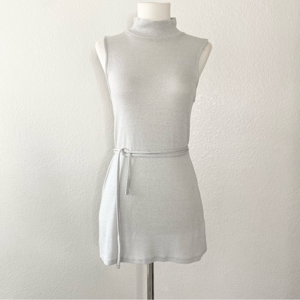 TOPSHOP Light Gray Glittery Sleeveless Long Blouse